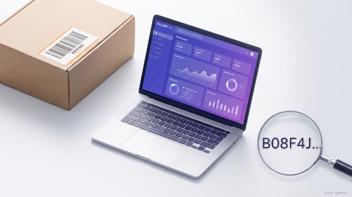 Amazon Produkt mit ASIN Barcode und Seller-Dashboard auf Laptop