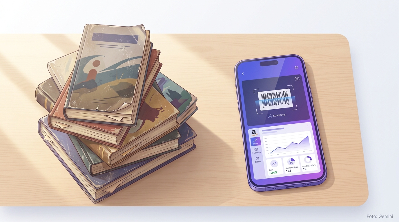 Selling books on Amazon — ISBN scanner and Seller Central dashboard on a wooden desk