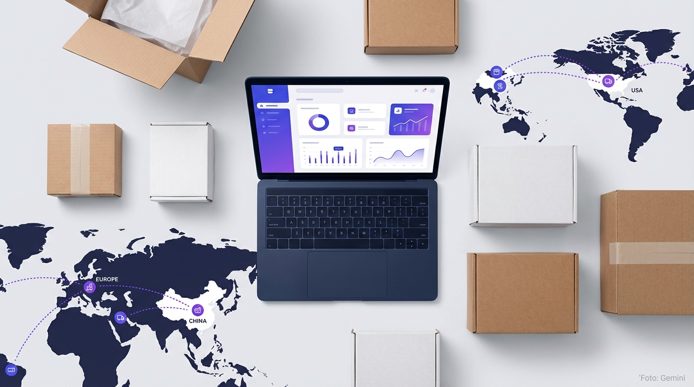 Amazon Dropshipping concept — laptop with e-commerce dashboard and shipping routes