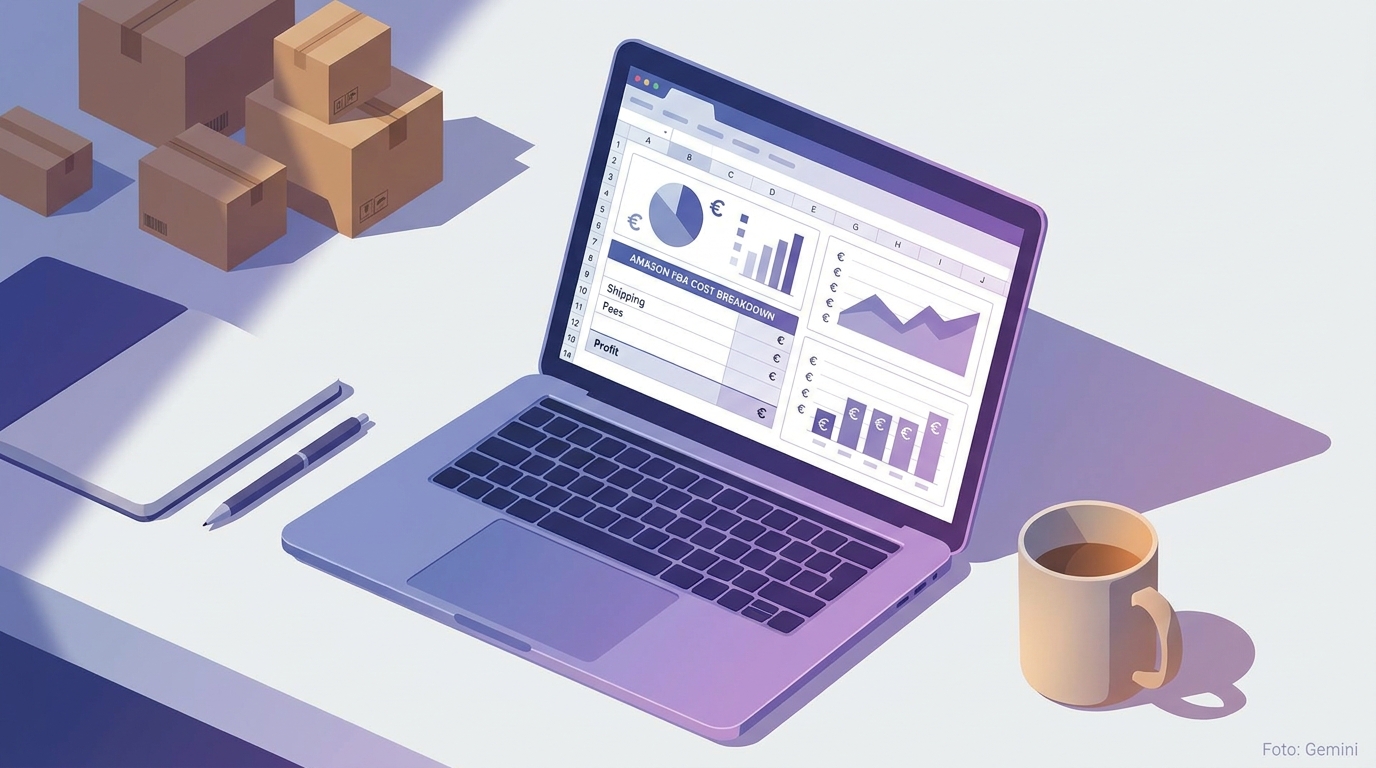 FBA Calculator on laptop with Amazon cost overview and product cartons