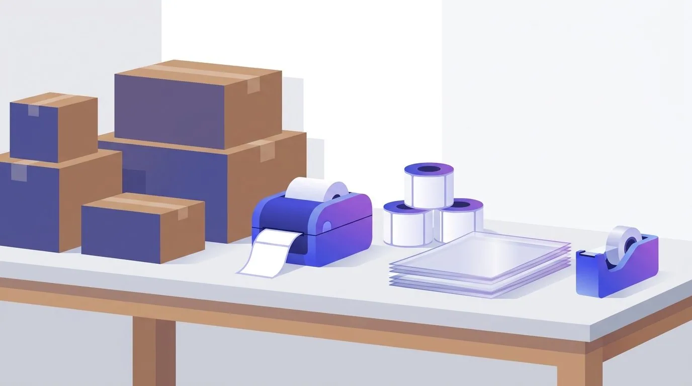 Illustration eines Packtischs in einem Lager mit Versandkartons, Etikettendrucker, Etikettenrollen und Polybeuteln