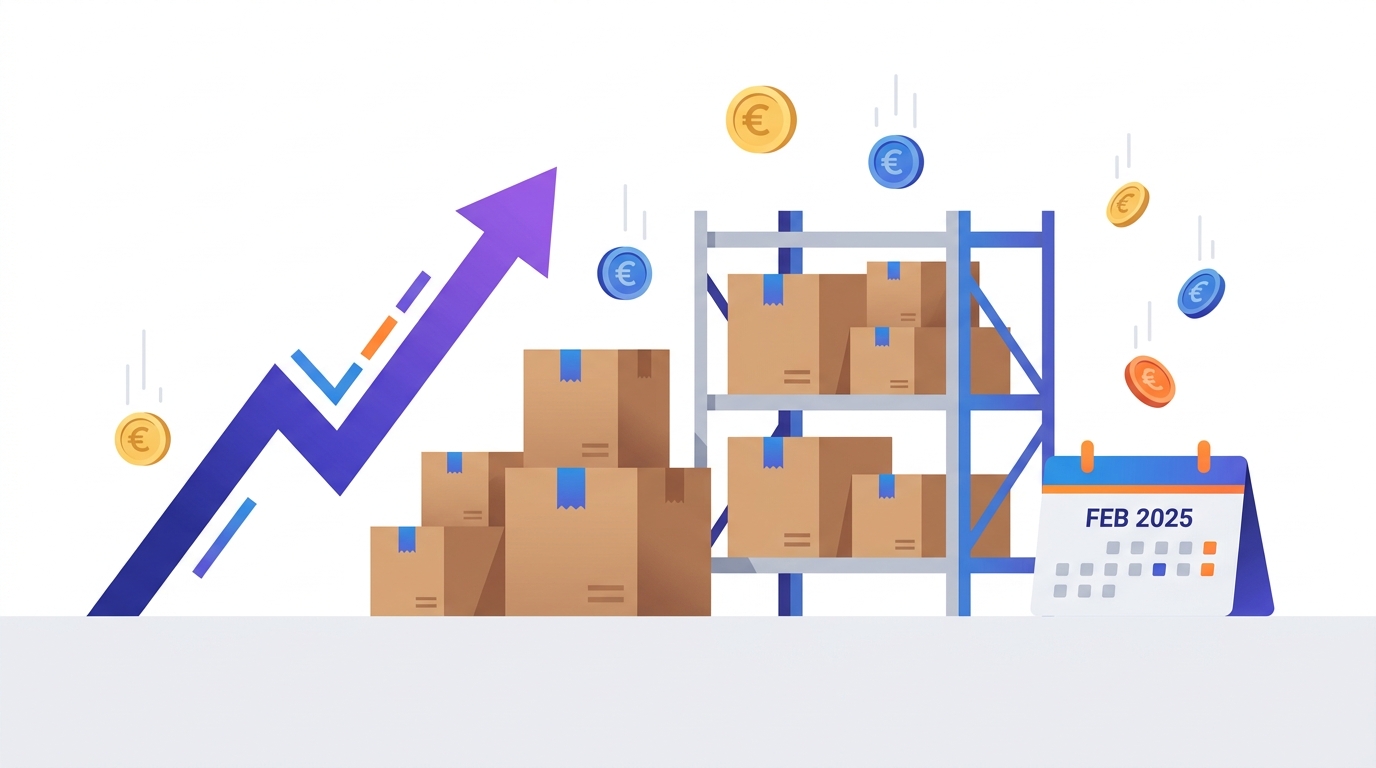 Illustration einer steigenden Kostenkurve neben FBA-Paketen und einem Lagerregal, Symbol für die Amazon-Gebührenerhöhung 2025