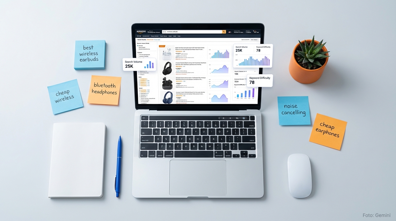 Laptop displaying Amazon search results and keyword analysis data on a modern desk