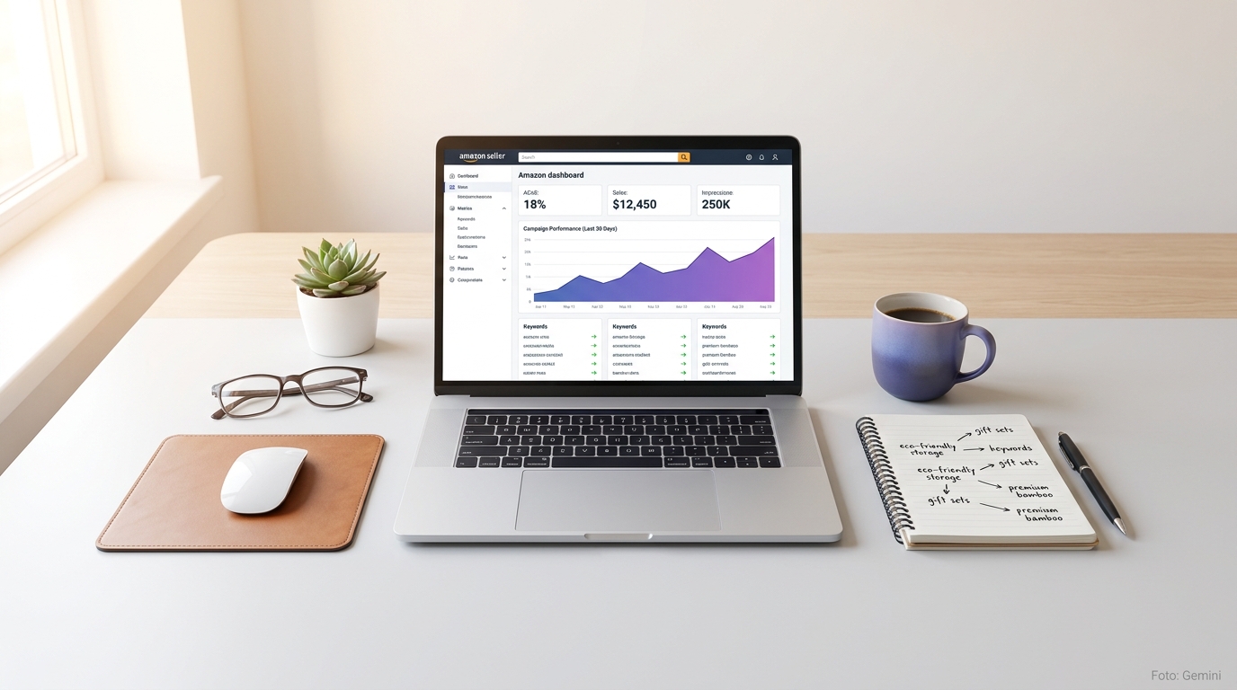 Amazon PPC Dashboard mit Kampagnenkennzahlen auf einem Laptop-Bildschirm