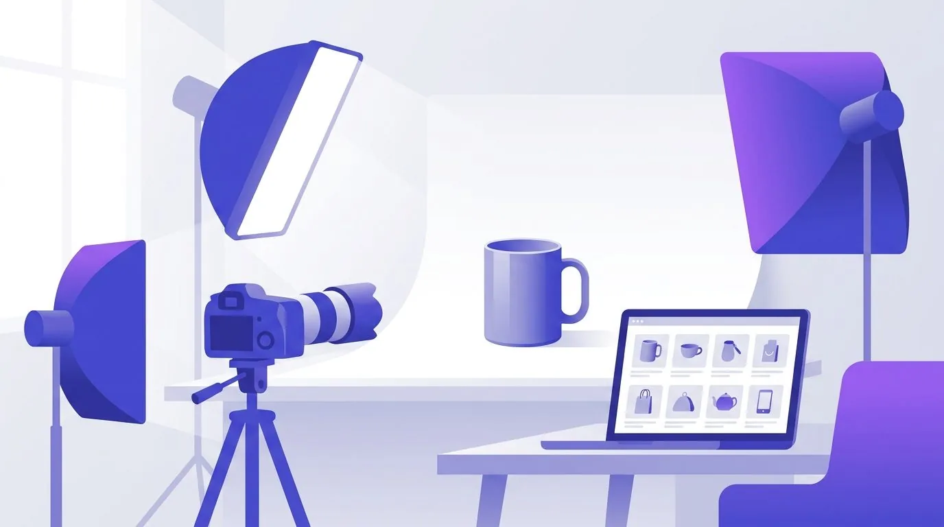 Illustration eines Produktfoto-Studios mit Tasse vor weißem Hintergrund, Softboxen, Kamera und Laptop mit Bildergalerie