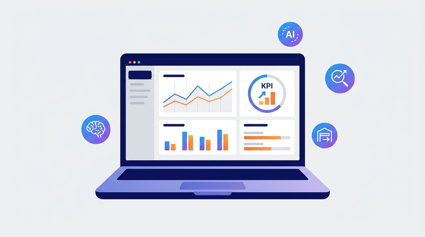 Illustration eines ueberarbeiteten Amazon-Seller-Central-Dashboards mit KPI-Widgets, Verkaufs-Charts und Lagersymbolen