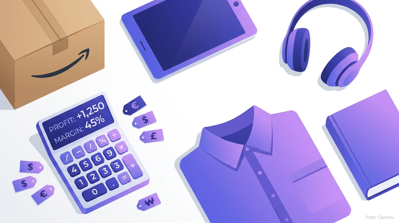 Produkte neben Amazon-Versandkarton mit Taschenrechner und Preisschildern auf weißem Untergrund