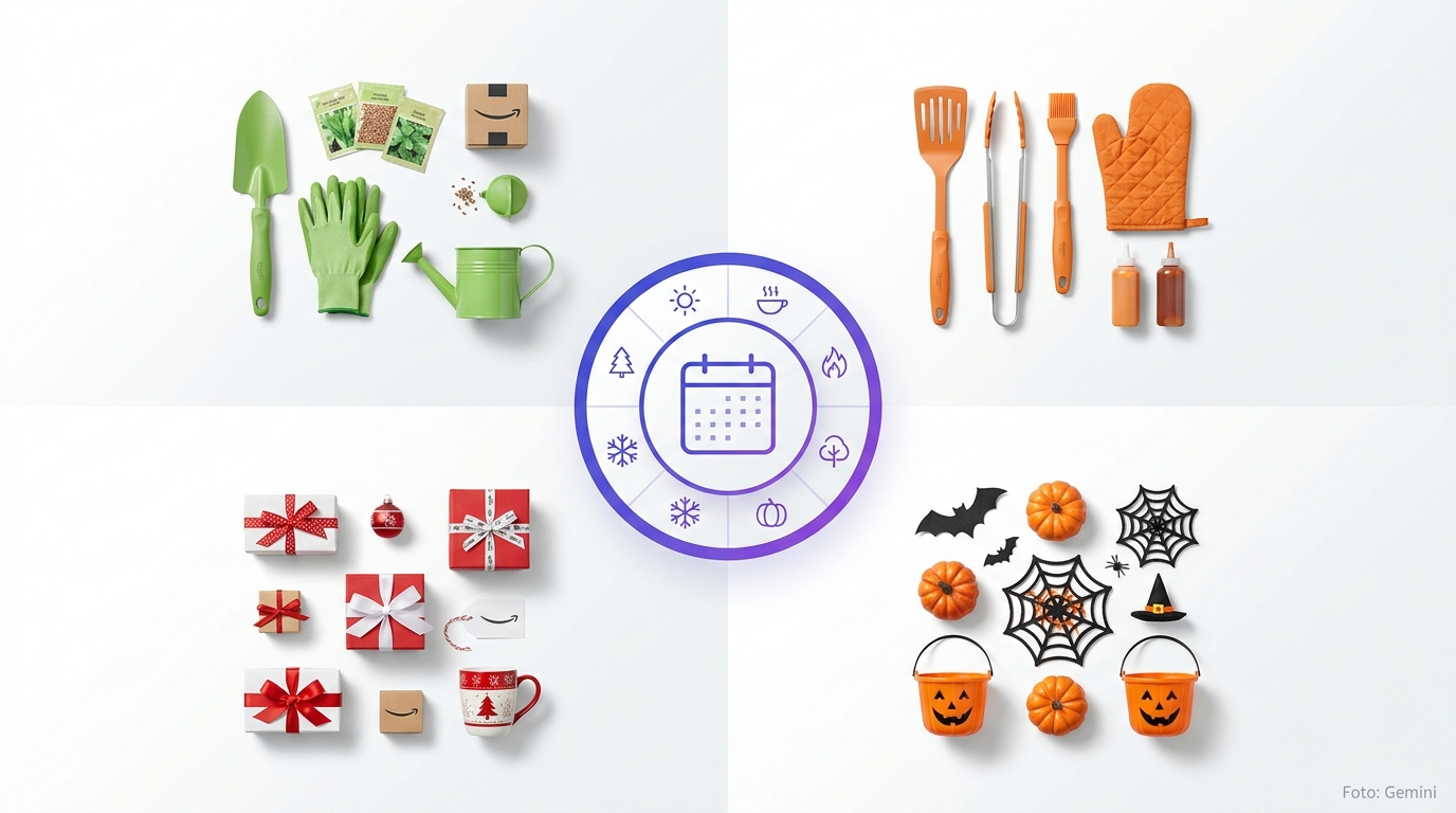 Seasonal Amazon product calendar featuring products from all four seasons for DACH sellers