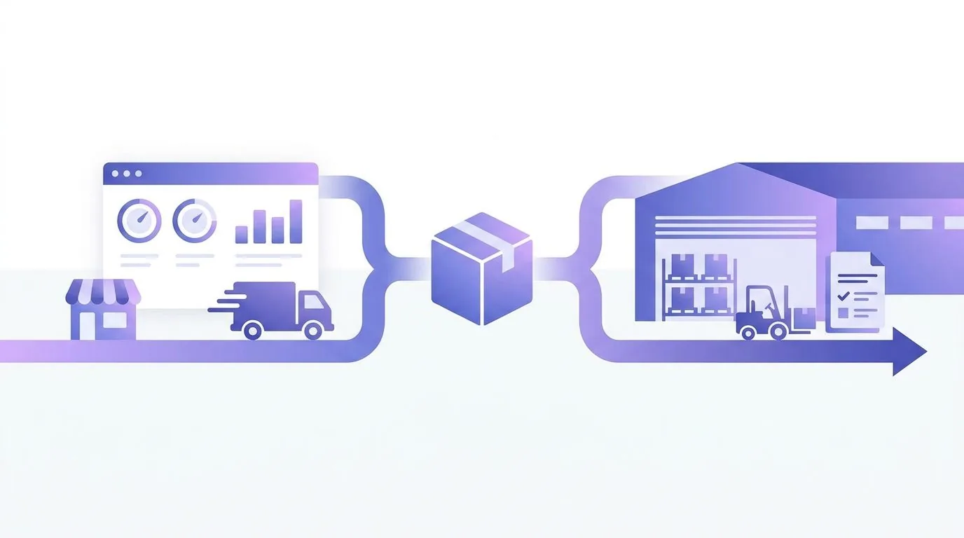 A product box with two paths leading away: to a self-run online store and to Amazon's wholesale warehouse.