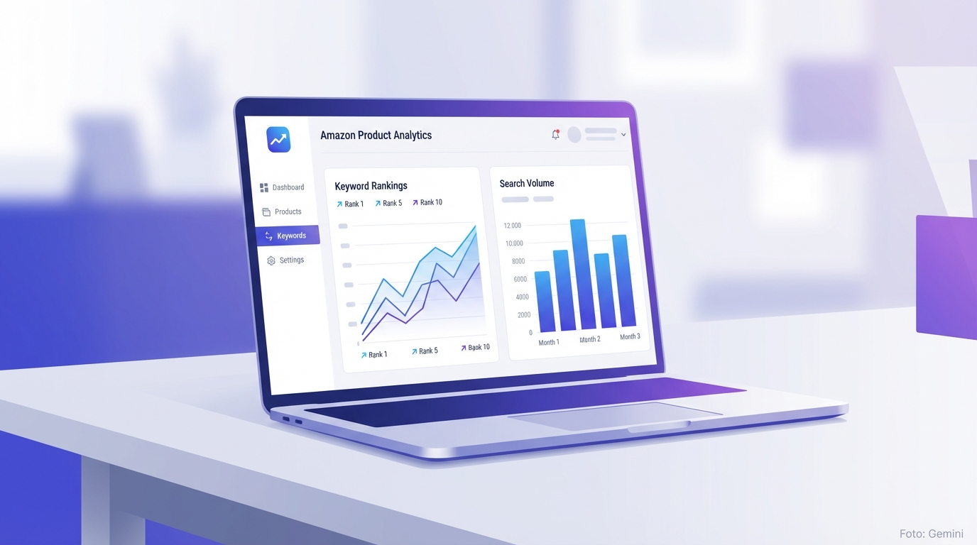 Amazon SEO tool dashboard with keyword ranking data and listing analysis on a laptop