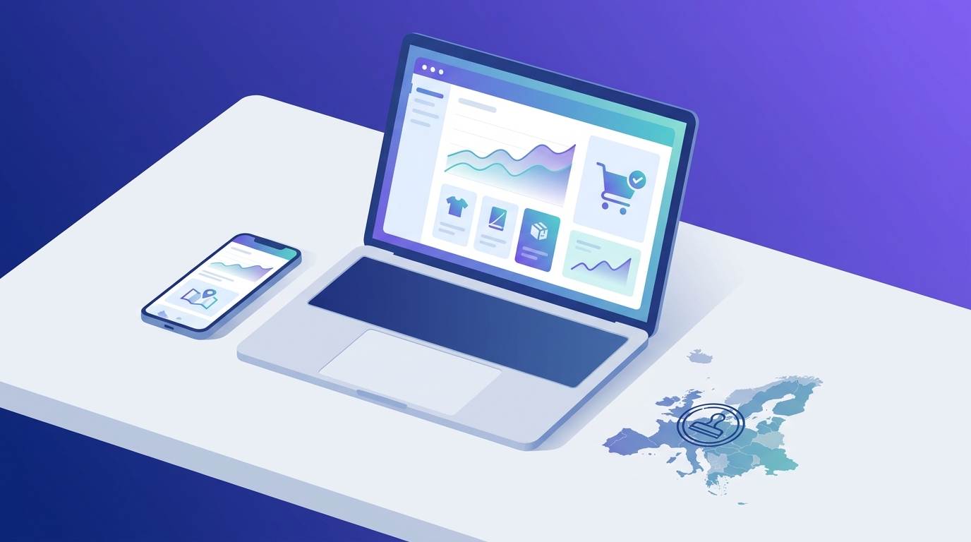 Illustration eines E-Commerce-Dashboards mit Produktkarten, steigenden Diagrammen und einem Zollstempel auf einer Europakarte