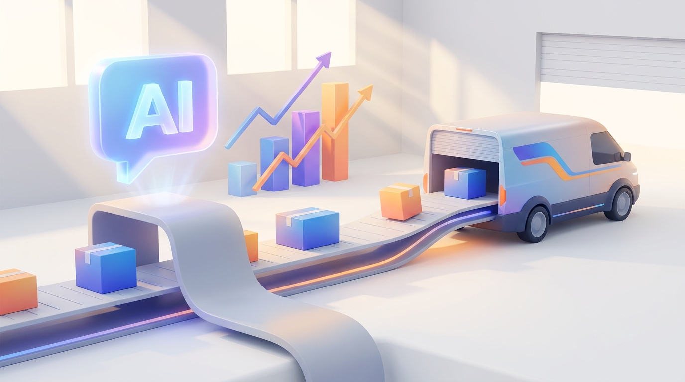 Moderne Illustration einer E-Commerce-Logistikszene mit Paketen, Lieferwagen, KI-Chat-Symbol und steigenden Umsatzkurven