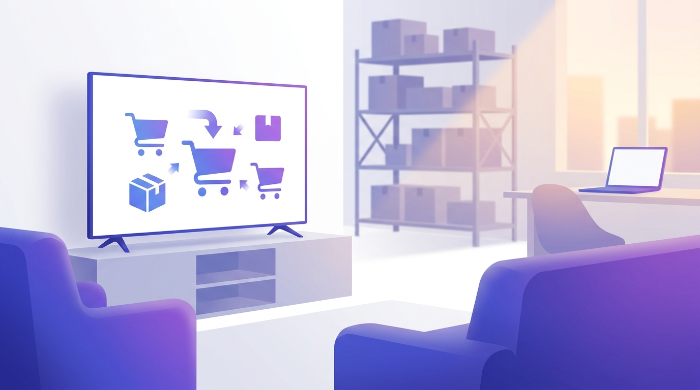 Symbolbild: Smart-TV mit Einkaufssymbolen, Laptop und Lagerregal als Motiv für Amazon-Händler-News.