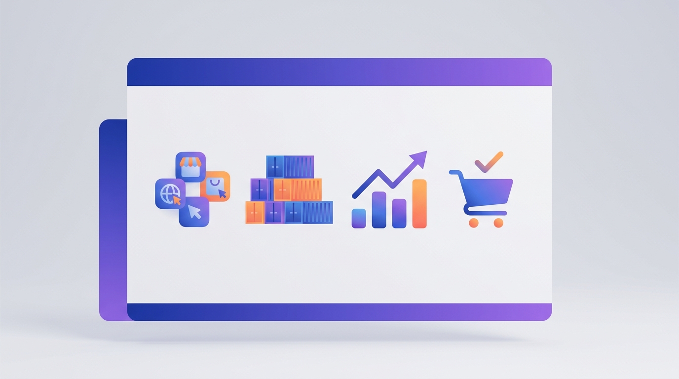 Illustration eines E-Commerce-Nachrichten-Dashboards mit Marktplatz-Symbolen, Containern und steigender Umsatzkurve