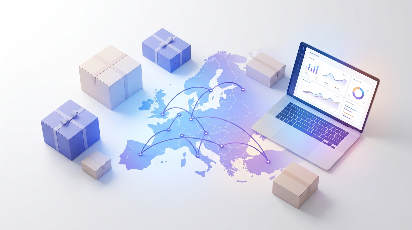 Europakarte mit vernetzten Marktplätzen, Paketen und einem E-Commerce-Dashboard als Symbol für die Amazon-Expansion in der EU