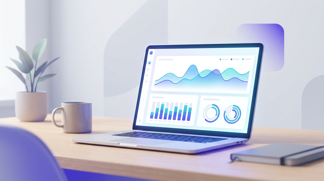 Laptop mit Analyse-Dashboard für Amazon-Werbekampagnen und Performance-Diagrammen auf einem aufgeräumten Schreibtisch