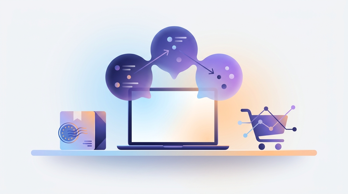 Illustration mit Paket, Zollstempel, Einkaufswagen und KI-Sprechblasen als Symbol für den E-Commerce-Wochenrückblick
