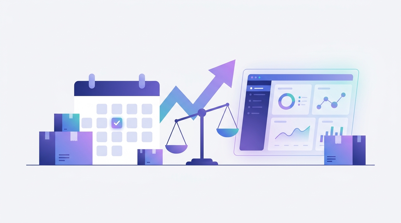 Illustration eines wöchentlichen Amazon-News-Rückblicks mit Kalender, Paketen, Kostenpfeil, Waage und KI-Dashboard