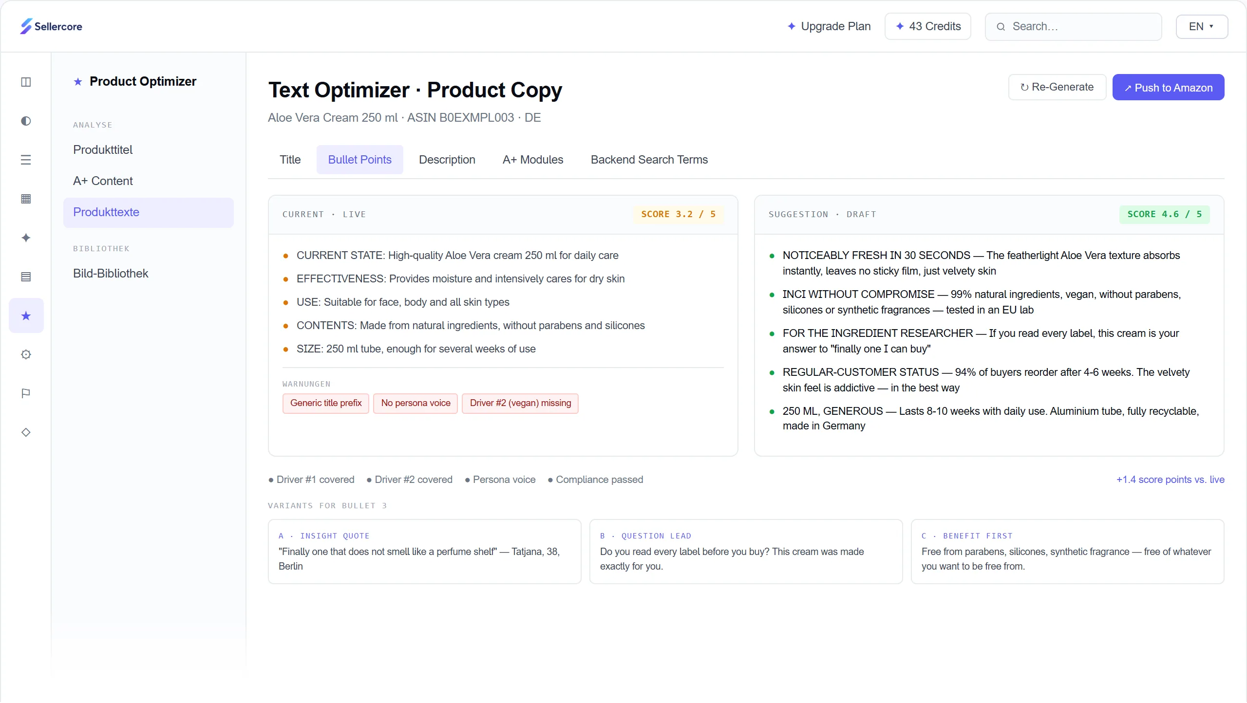 Text Optimizer with suggested bullet points and score