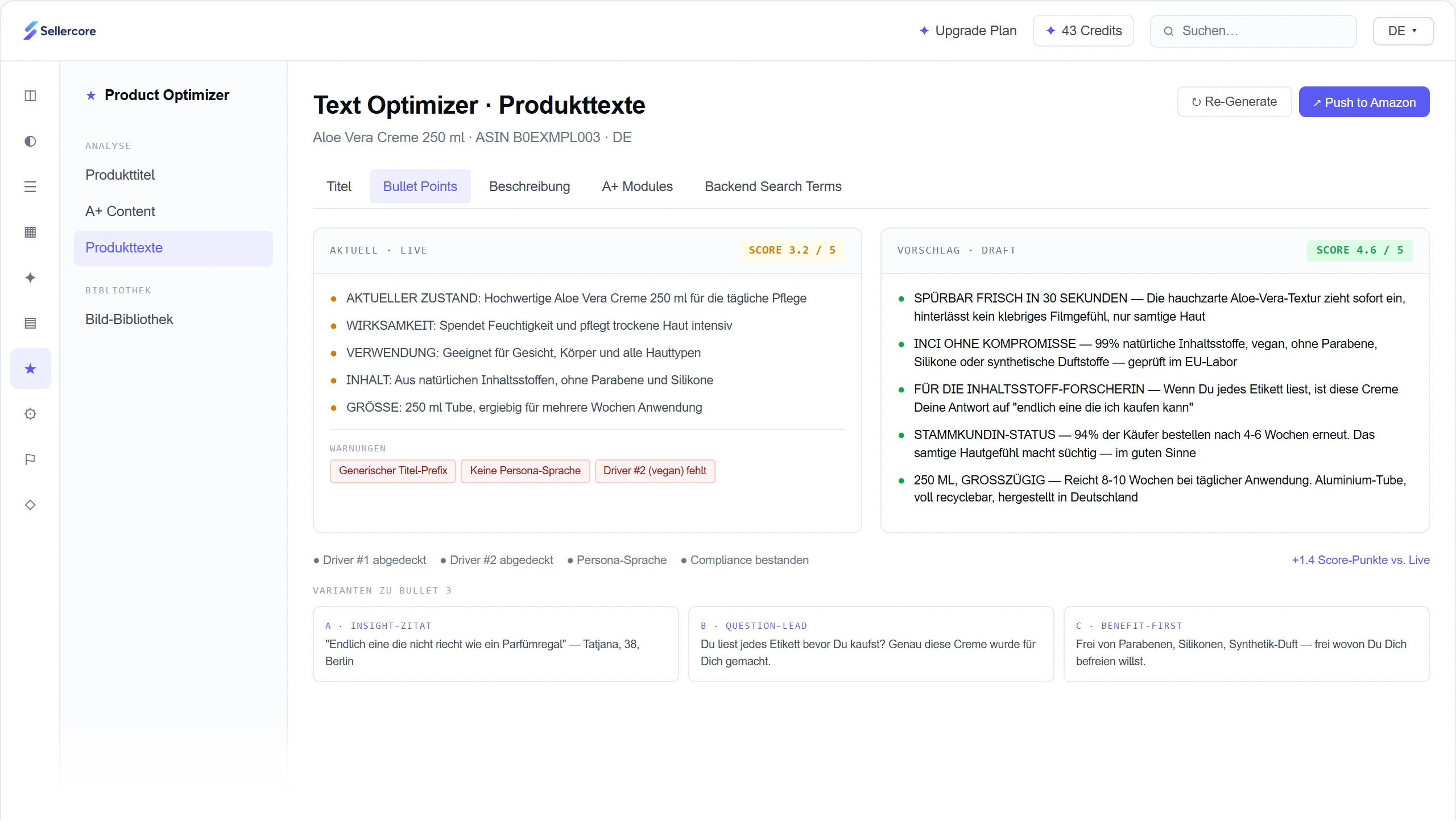 Text Optimizer mit Vorschlag für Bullet Points und Score